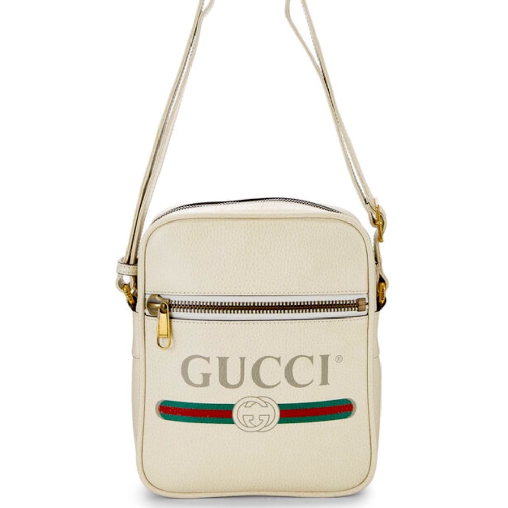 Gucci Off White Logo Print Leather Vertical Messenger Bag Small.